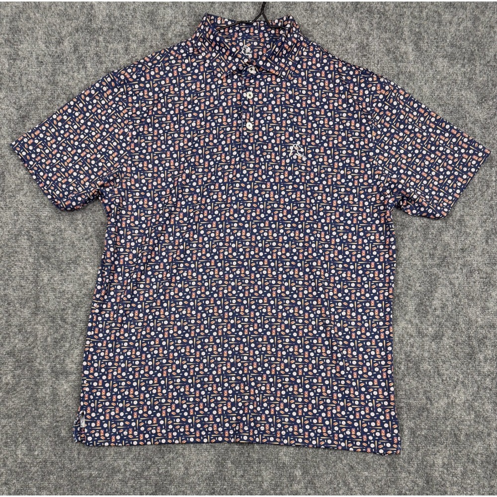 Rhoback Mens Performance Polo Shirt Medium Blue Baseball Hot Dog Novelty Print